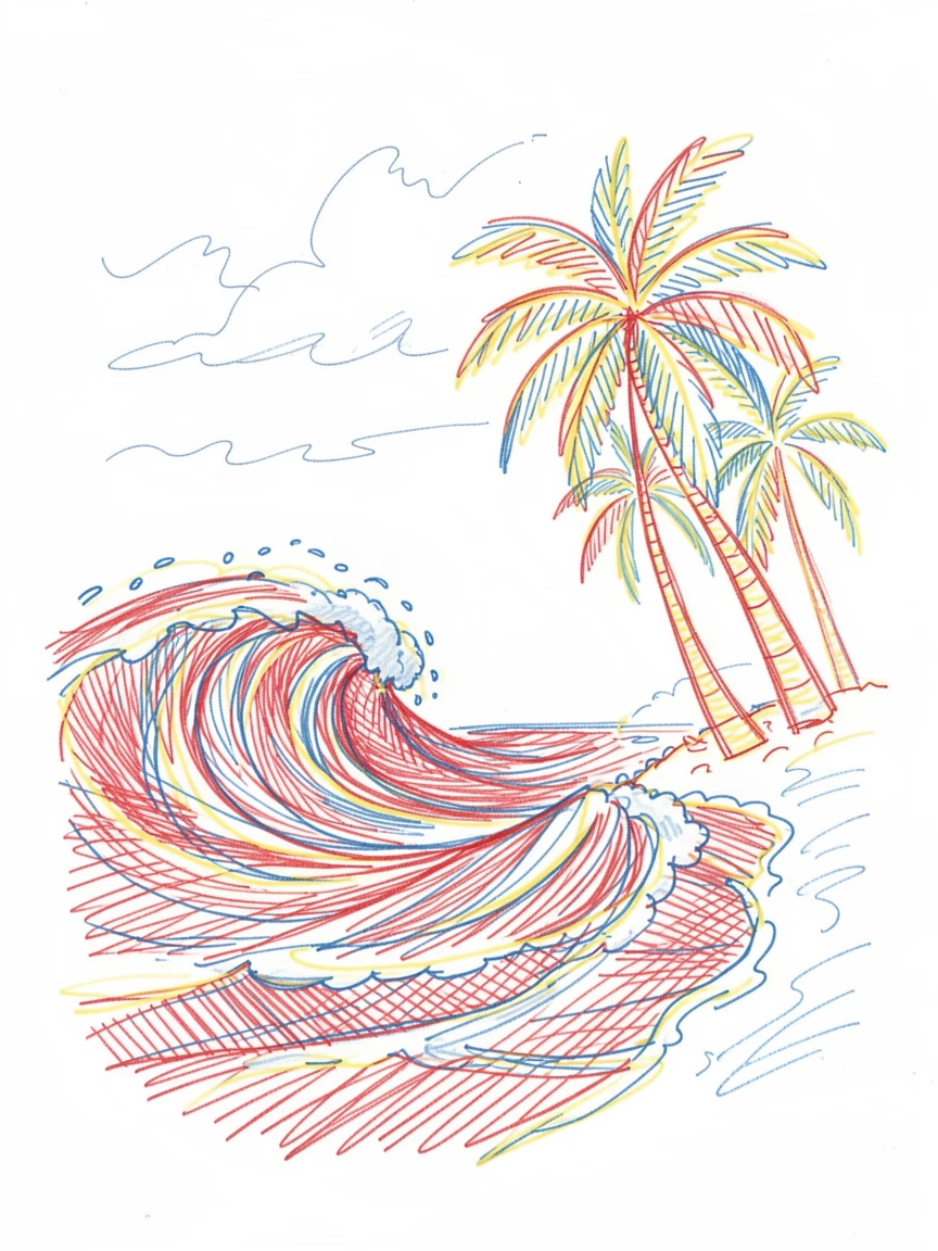 A tropical storm surging waves against a palm-lined shoreline