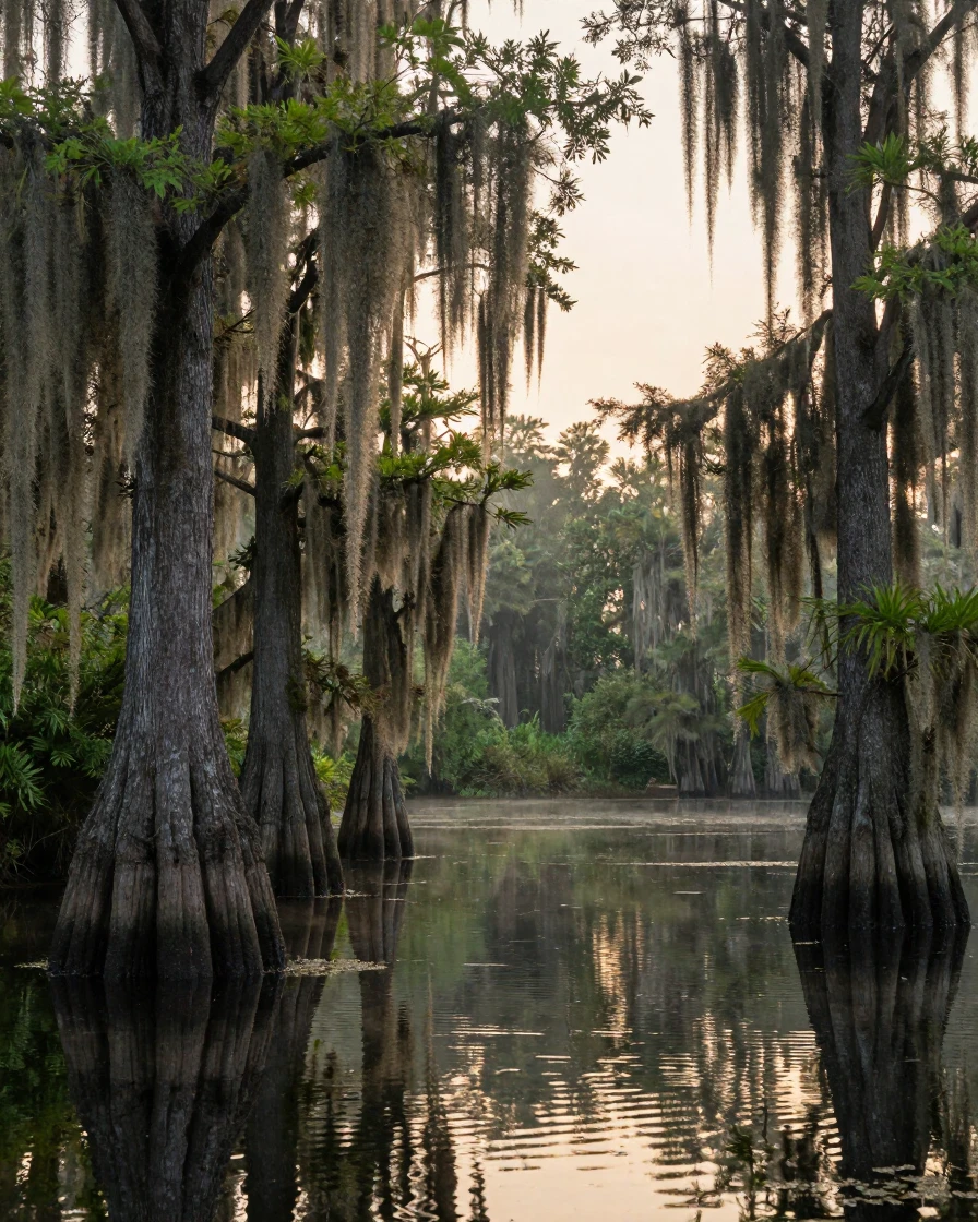 A Louisiana bayou with cypress trees draped in Spanish moss