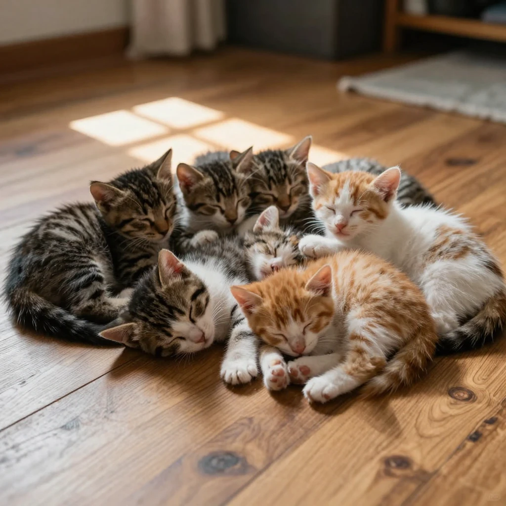 A litter of kittens sleeps piled together in a sunny patch on a wooden floor.