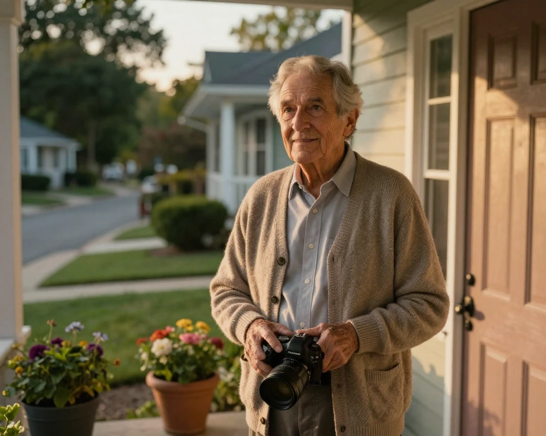 A retired teacher celebrating a small but meaningful victory on a quiet neighborhood doorstep