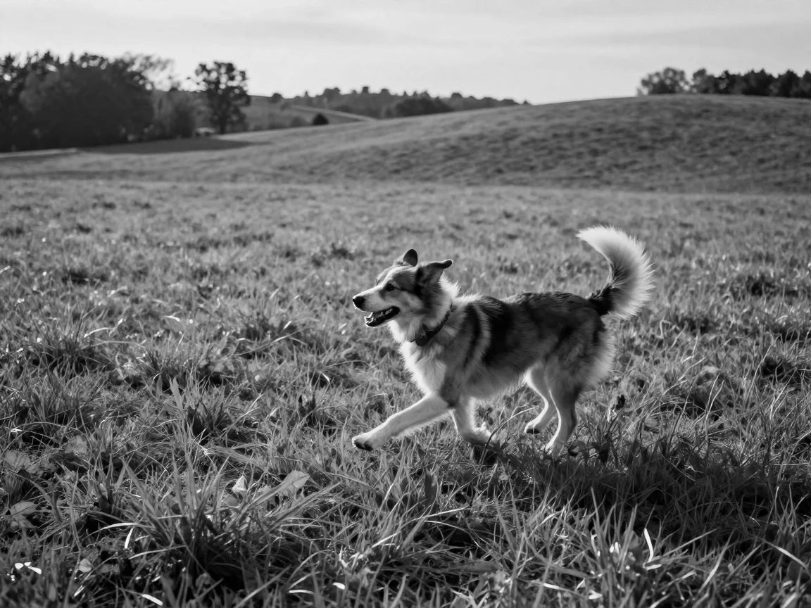 A family dog chases its tail in delighted circles across a rolling green pasture.