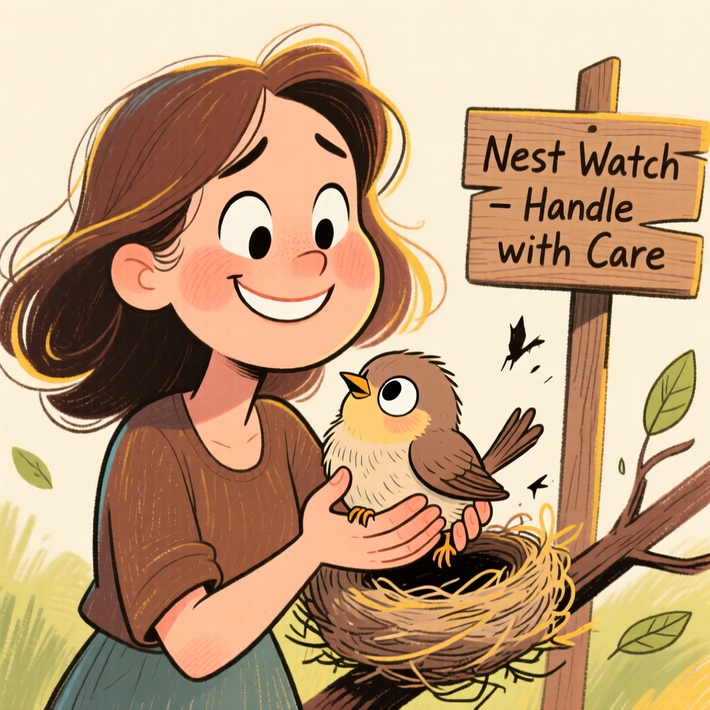 A woman rescuing a baby bird that fell from its nest, cradling it gently.