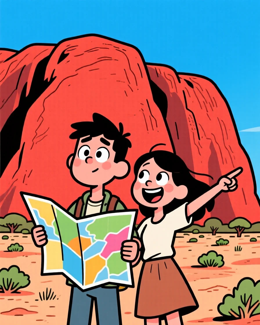 An iconic travel scene featuring a young couple standing before the towering red rock of Uluru, with a map slightly askew in hand.