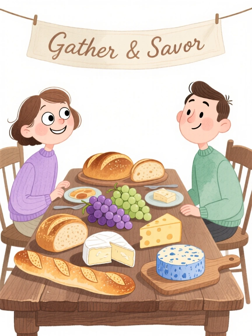 A cozy, appetizing, elegant and intimate scene of a rustic table spread with fresh bread, cheese, and grapes