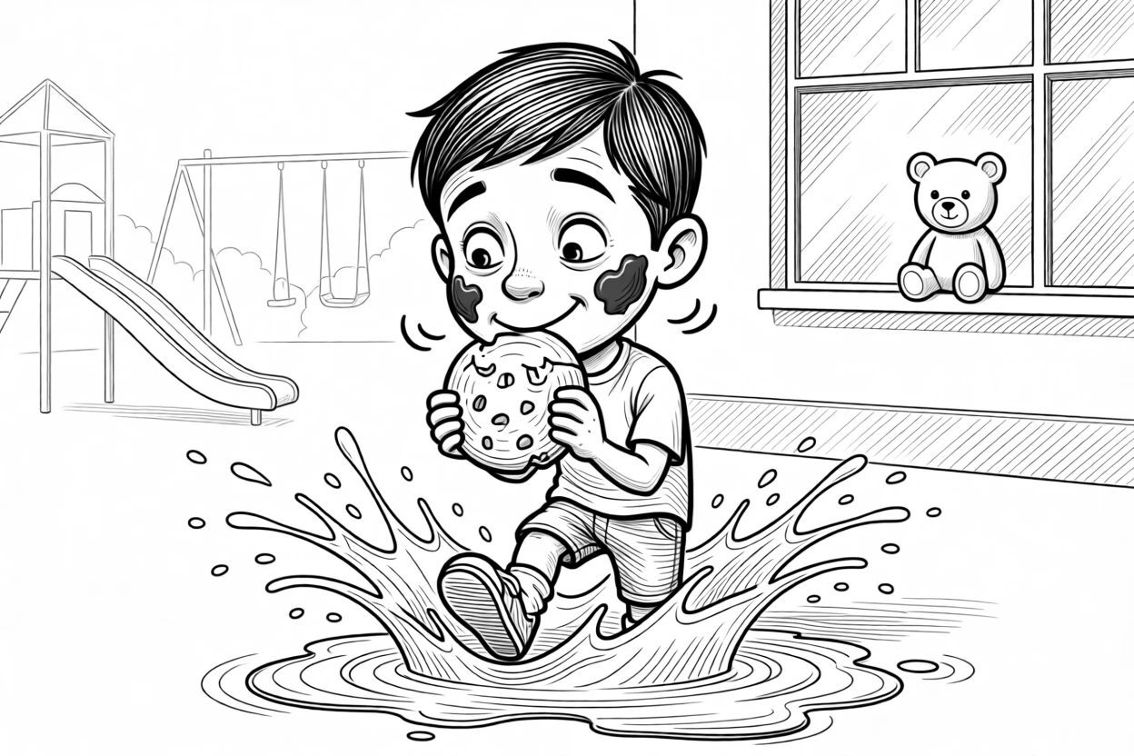 A kid sneaking a cookie with chocolate on both cheeks, sending water splashing dramatically in every direction, set on a school playground at recess. A stuffed bear watches from a nearby windowsill. It feels like a cherished memory frozen in time.