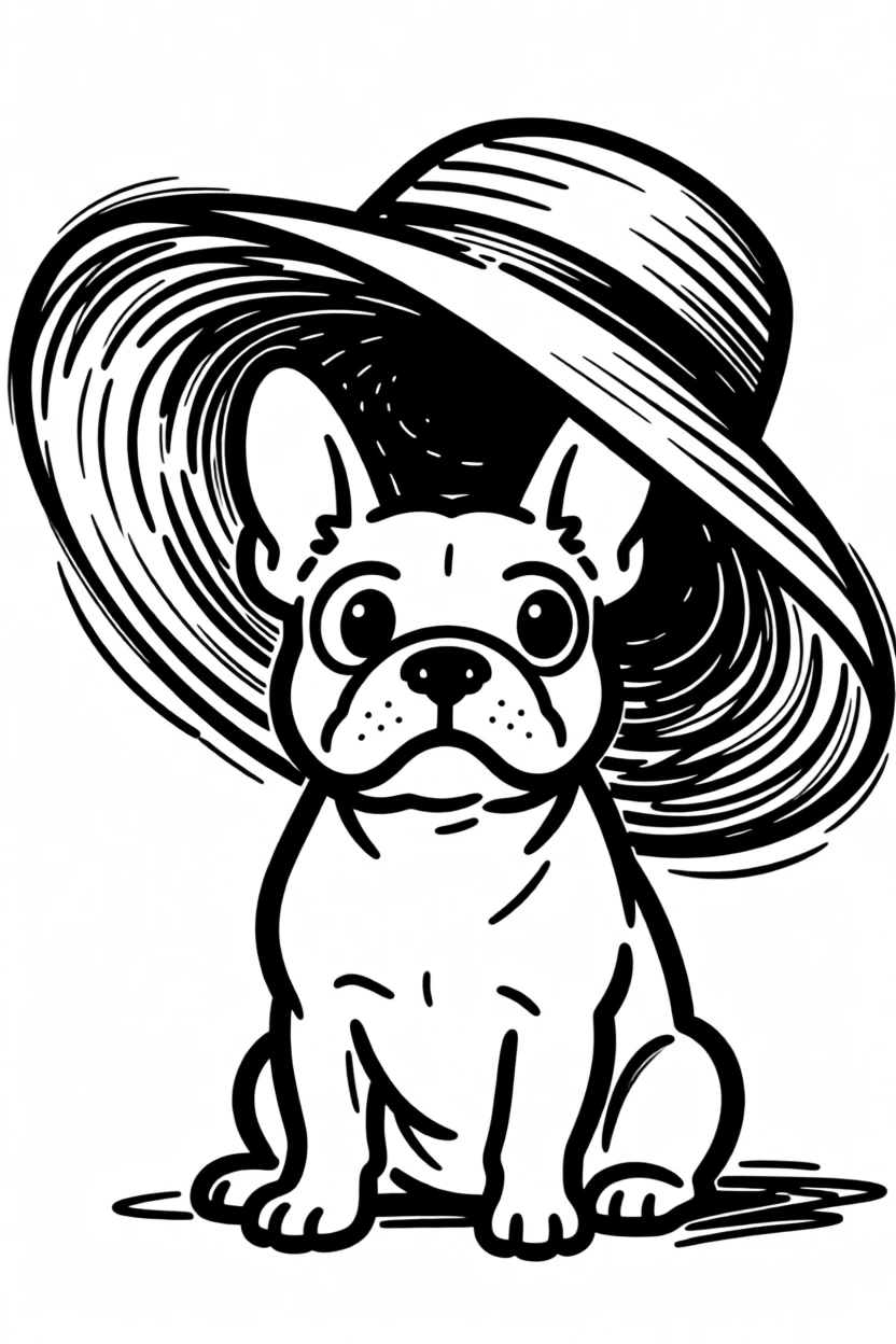 A French bulldog sitting inside a giant sunhat, only its eyes and ears peeking out.