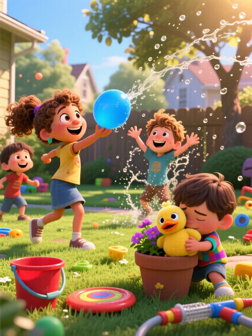 Kids having a water balloon fight in the backyard takes place in a sunny backyard scattered with toys, with a stuffed animal tucked under one arm. A carefree, adventurous energy fills the scene.