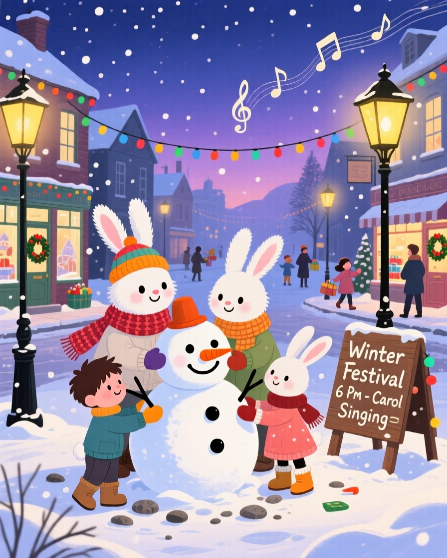 A family of snow rabbits spend the evening building a snowman complete with a carrot nose in a snow-covered town square, while soft carols play in the background.