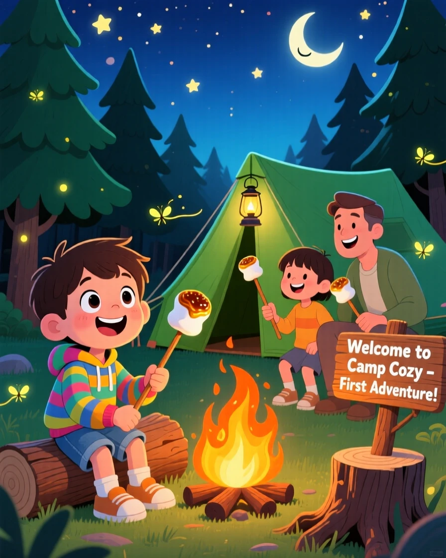 A child's first camping trip, roasting marshmallows with family.