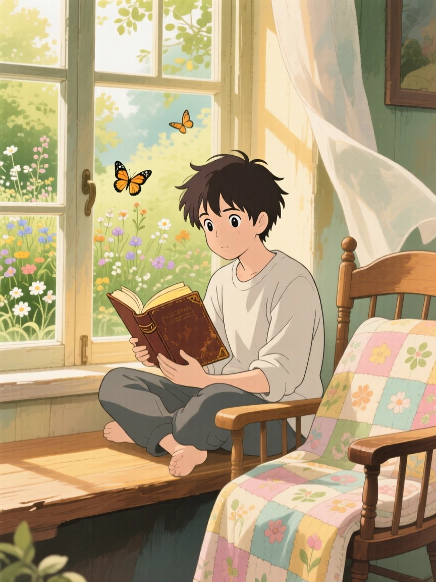 A young man reading a novel curled up on a window seat, a patchwork quilt draped over a nearby chair, the whole scene feeling quietly content.