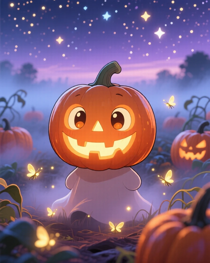 In a misty pumpkin patch, a smiling jack-o'-lantern spirit is lighting the way with a gentle glow as fireflies begin to glow at dusk, bathed in sparkling starlight, expression full of wide-eyed wonder. Shot as a close-up portrait.