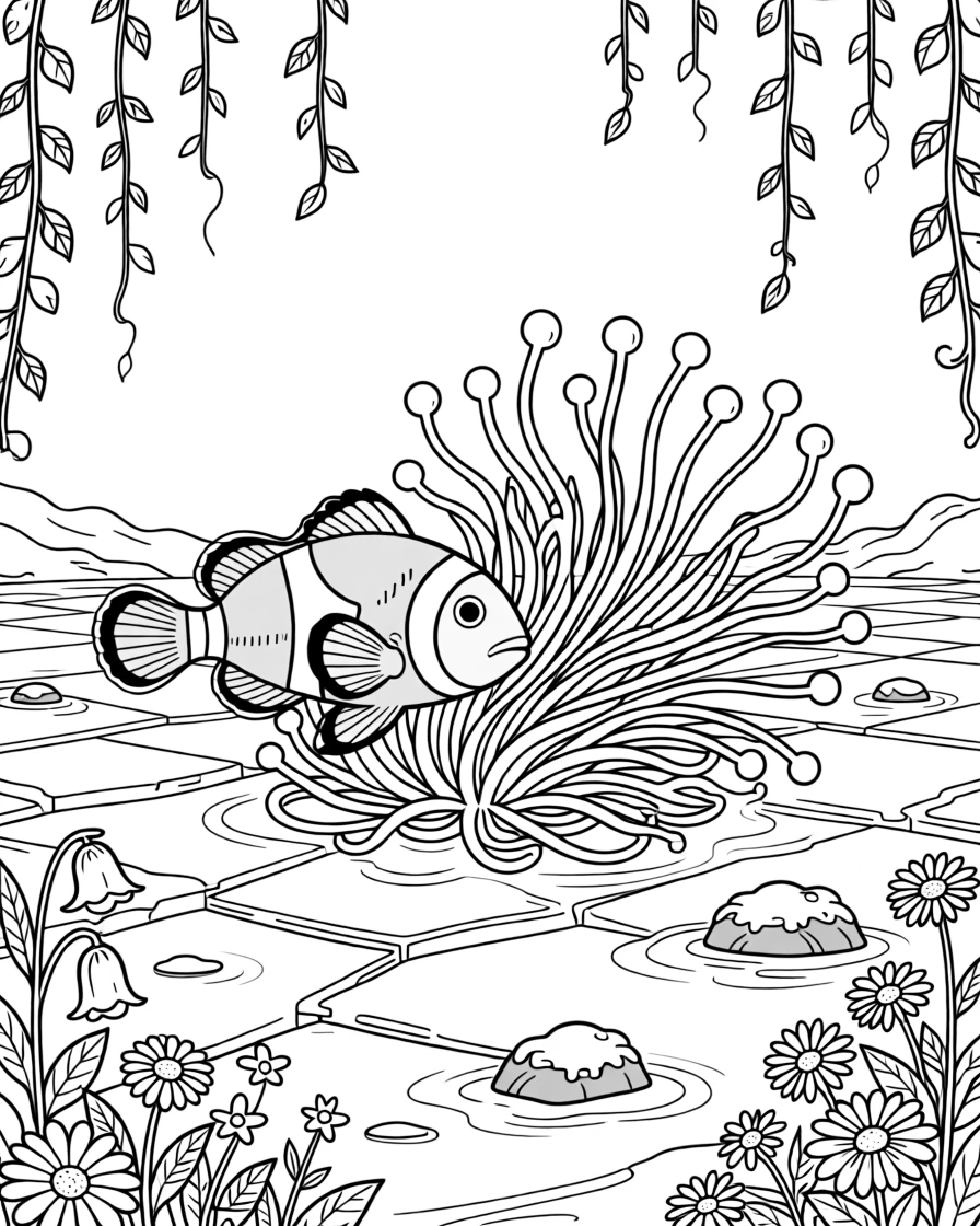 A clownfish among anemones crossing a frozen tundra, framed by hanging vines and wildflowers.