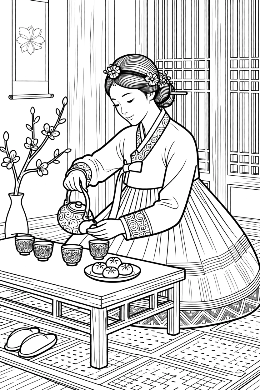 A traditional hanbok scene with a woman pouring tea.