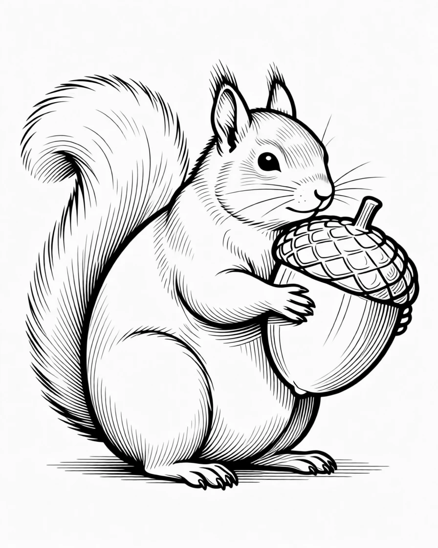 A plump squirrel clutching a giant acorn
