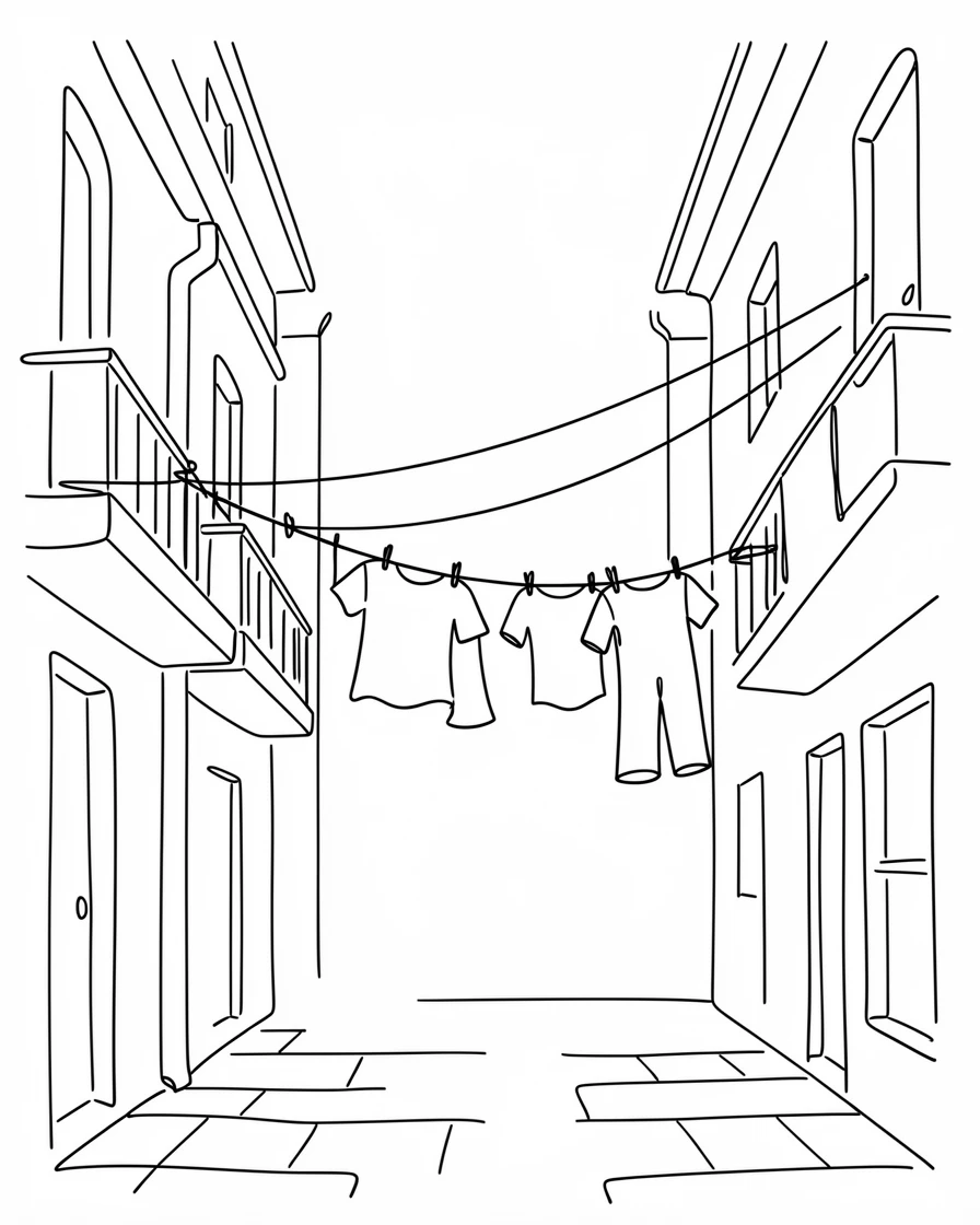 A quiet alley strung with laundry lines between old apartment buildings