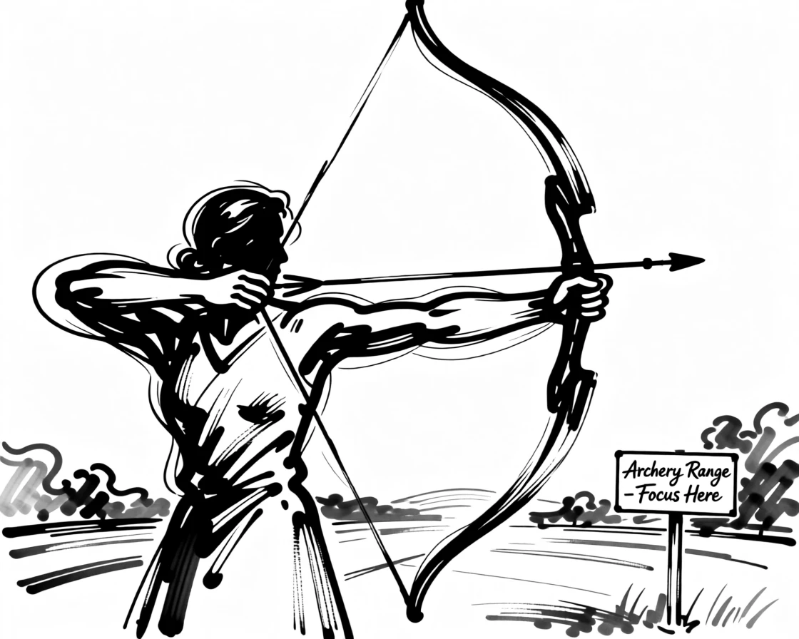 An archer drawing a bow with full focus at an outdoor range.