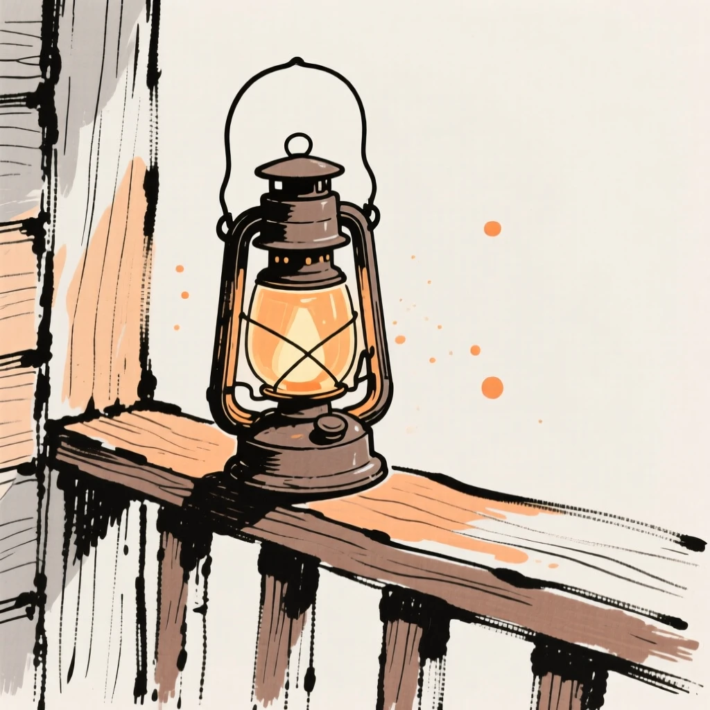 A rustic lantern glowing softly on a wooden porch railing.