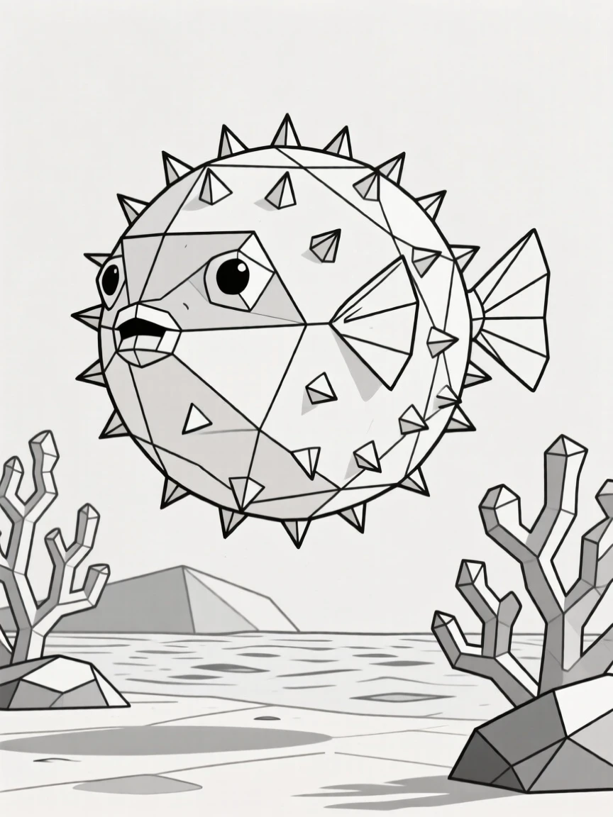 A pufferfish inflated among coral formations