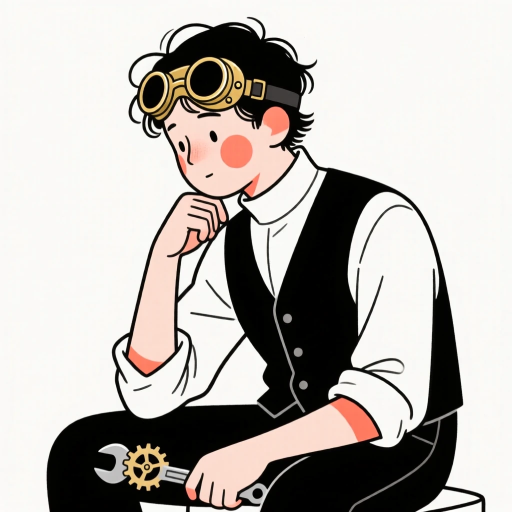 A steampunk inventor with brass goggles, lost in quiet contemplation.