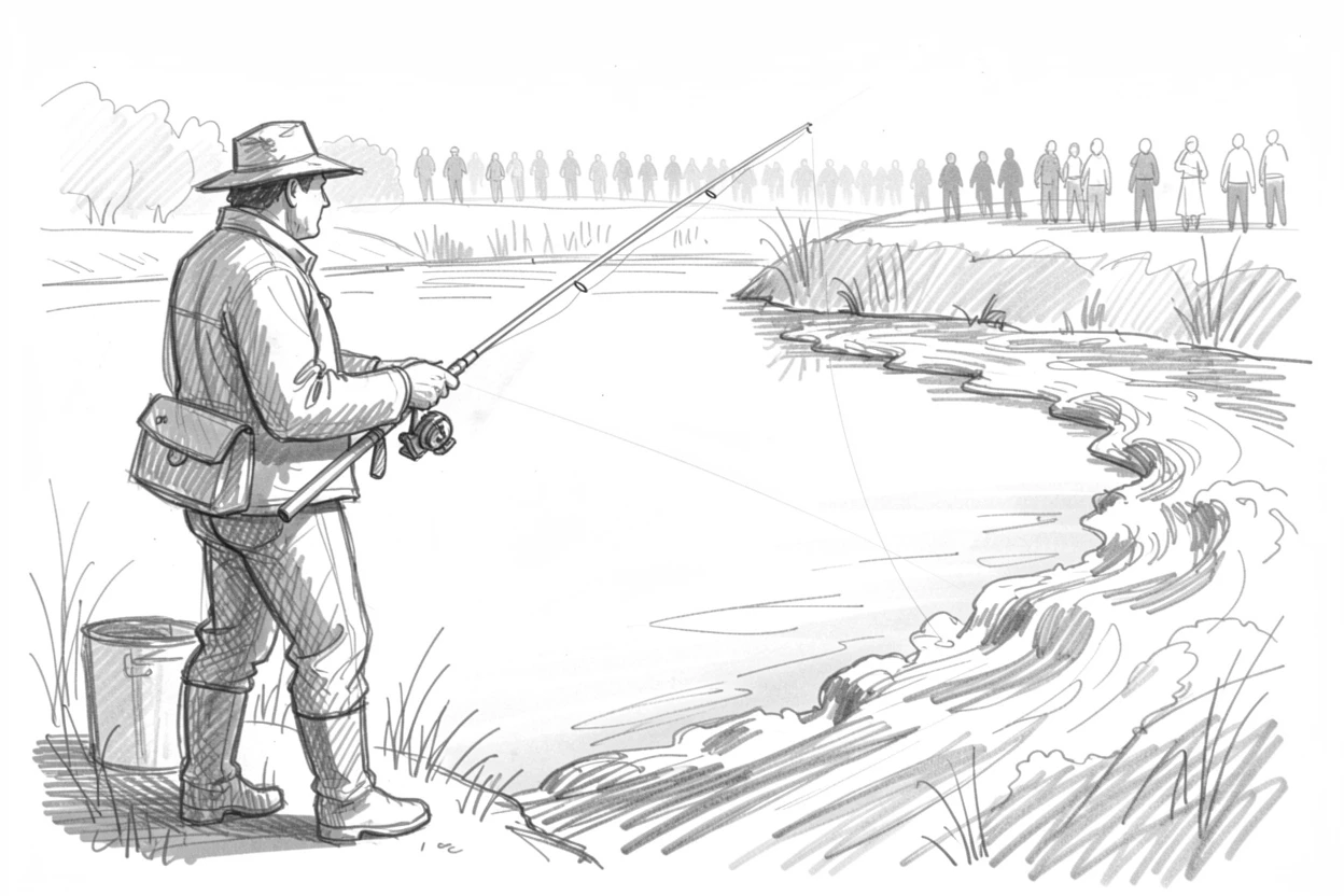 A fisherman casting a line into a calm river at dawn, beside a rushing river, with the crowd blurred in the background.