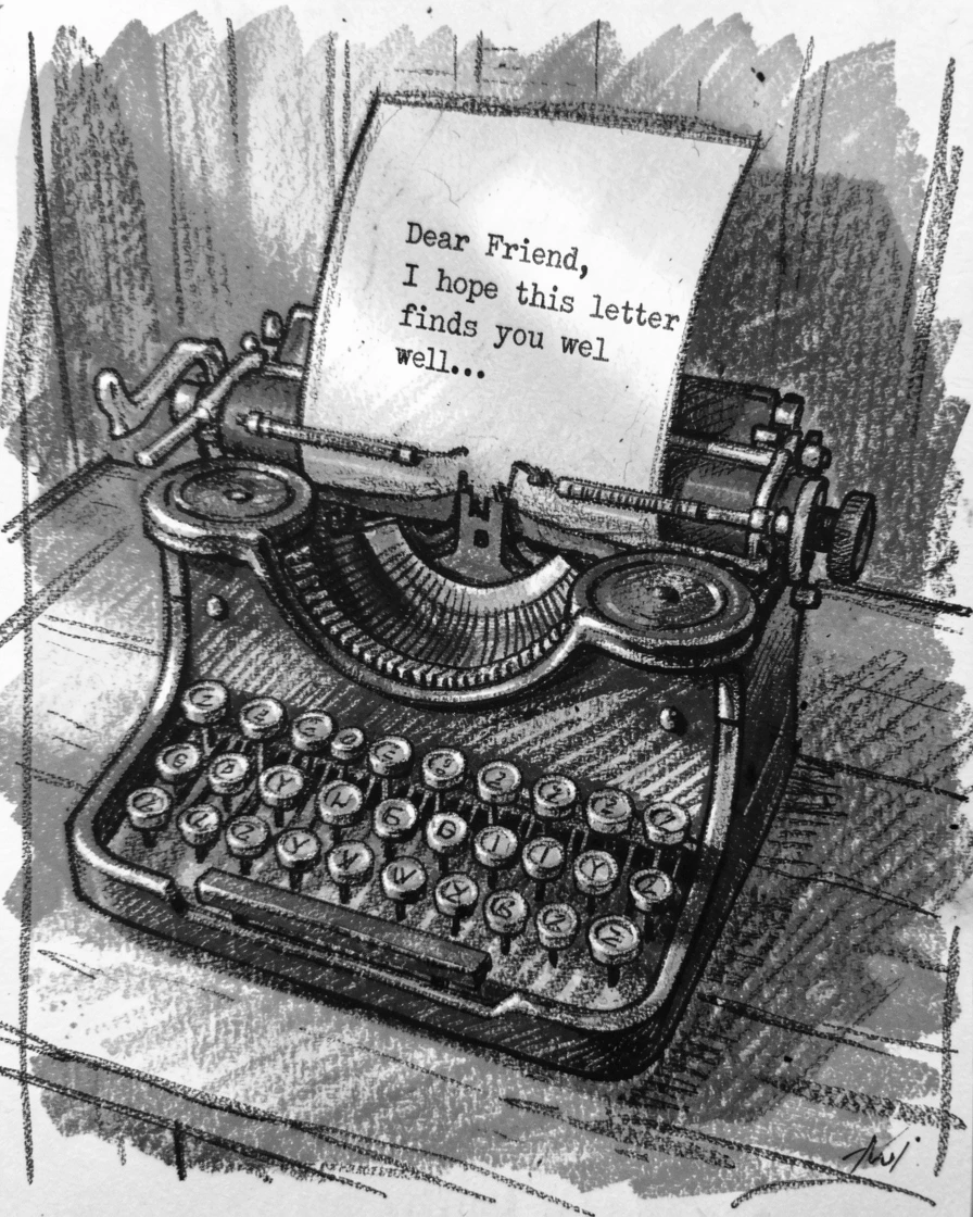 A vintage typewriter with a half-finished letter, as golden afternoon sun spills across the scene.