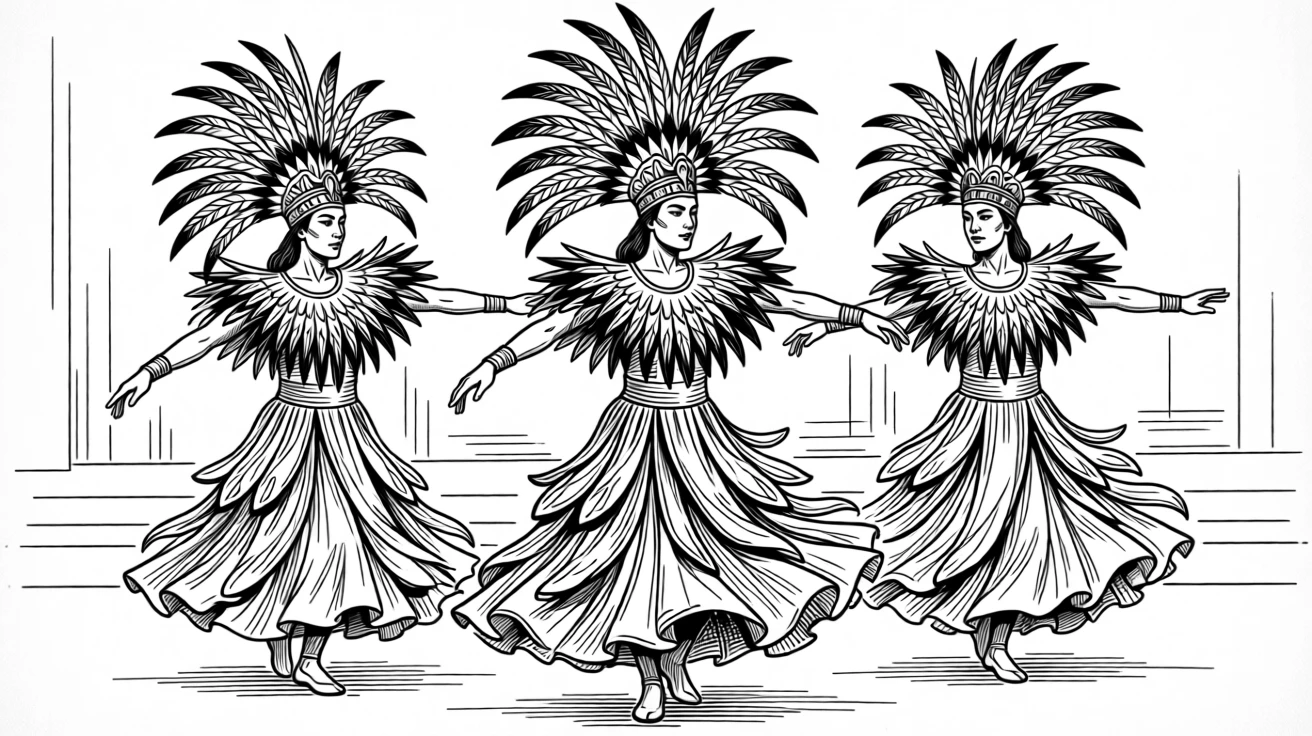 A colorful traditional dance troupe performing in elaborate feathered costumes.