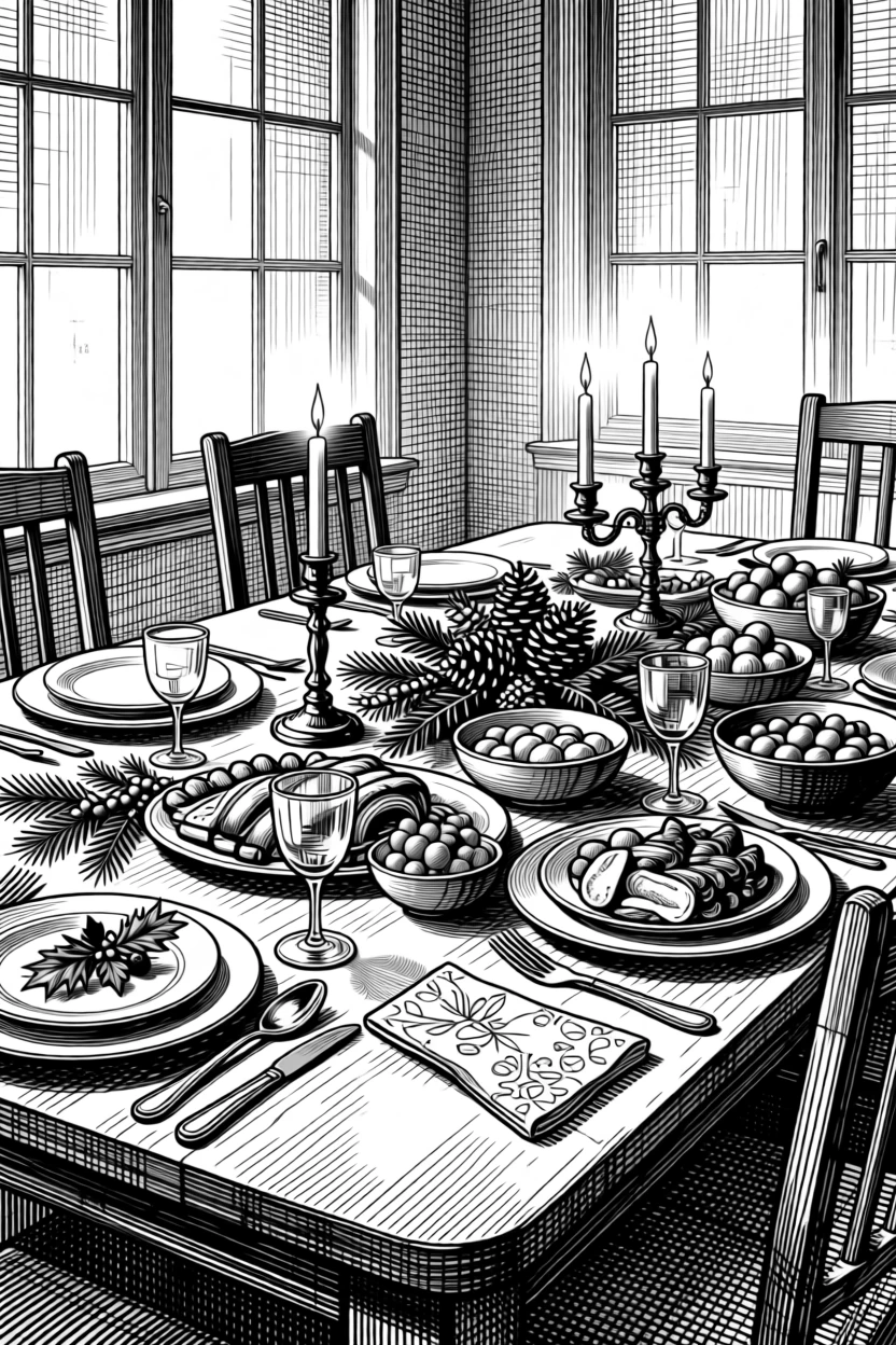 A table set for a festive holiday feast with soft candlelight flickering nearby, with warm light spilling from every window, capturing a full of holiday spirit seasonal moment.