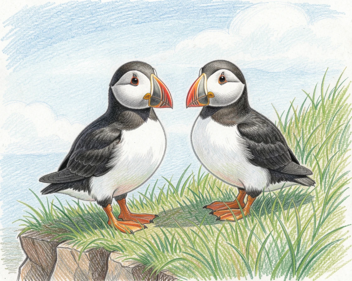 A pair of puffins standing side by side on a grassy cliff, with a gentle play of light and shadow across the composition, full of charm, emotion, and visual delight.