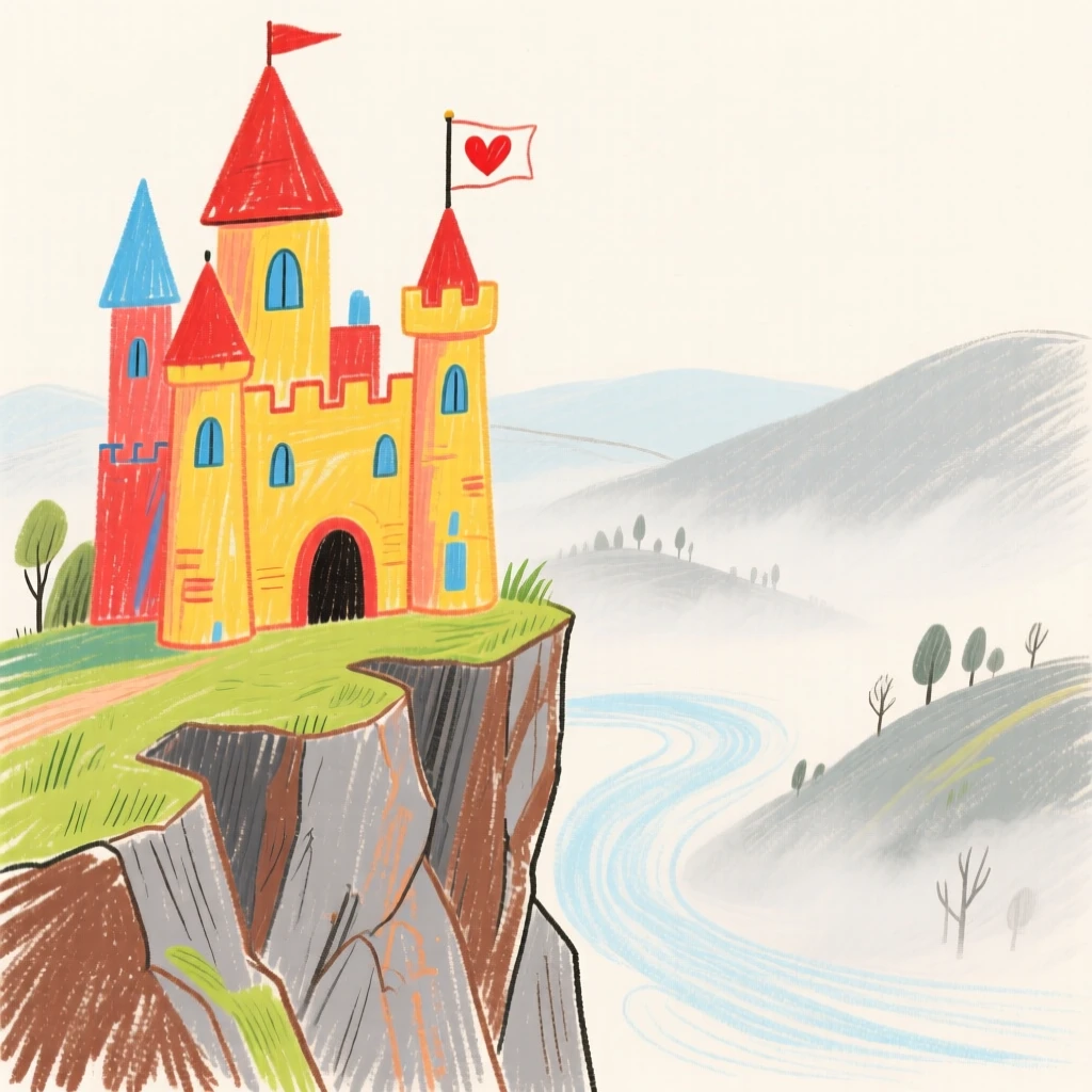 A fairytale castle perched on a cliff above a misty valley.