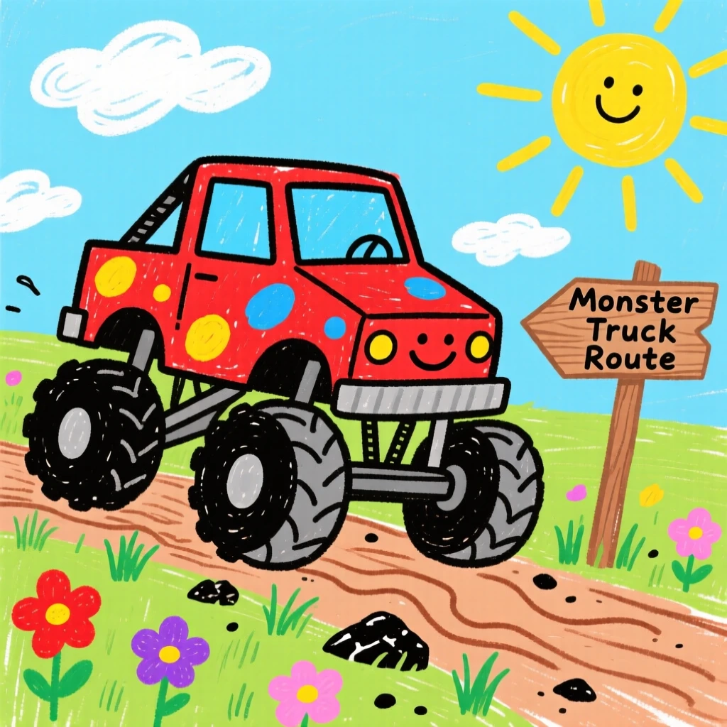 A rugged monster truck driving through a sunny countryside.