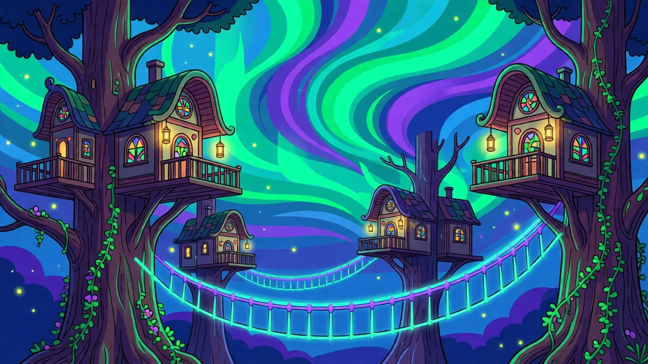 A magical treehouse village connected by glowing rope bridges, set against a backdrop of glowing aurora colors, composed with a fairy-tale storybook quality, with rich jewel tones that evoke wonder and imagination.