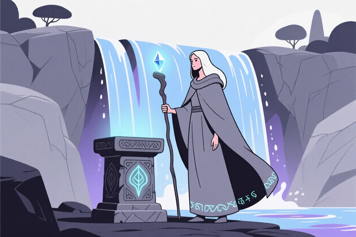 A wandering sorceress guarding an ancient relic near an enchanted waterfall.