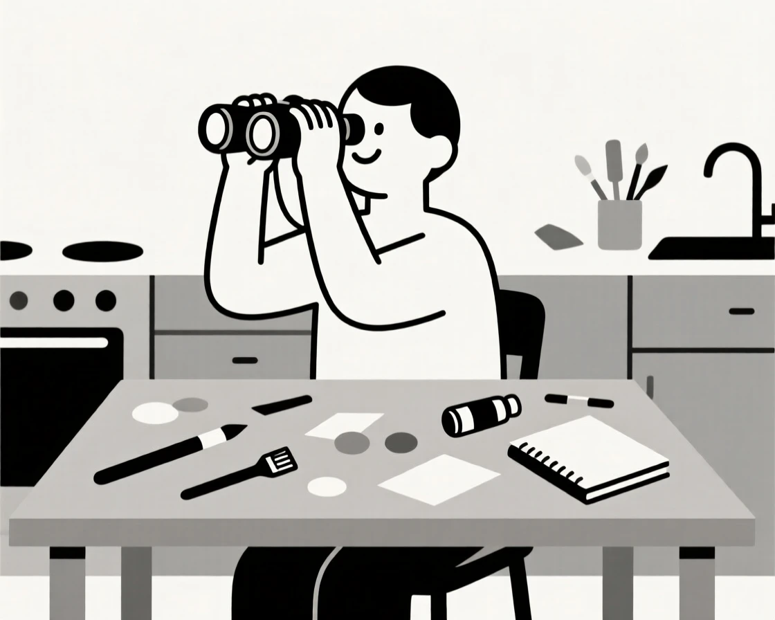 A person birdwatching with binoculars in a kitchen table, surrounded by scattered art supplies, showing joyful discovery.