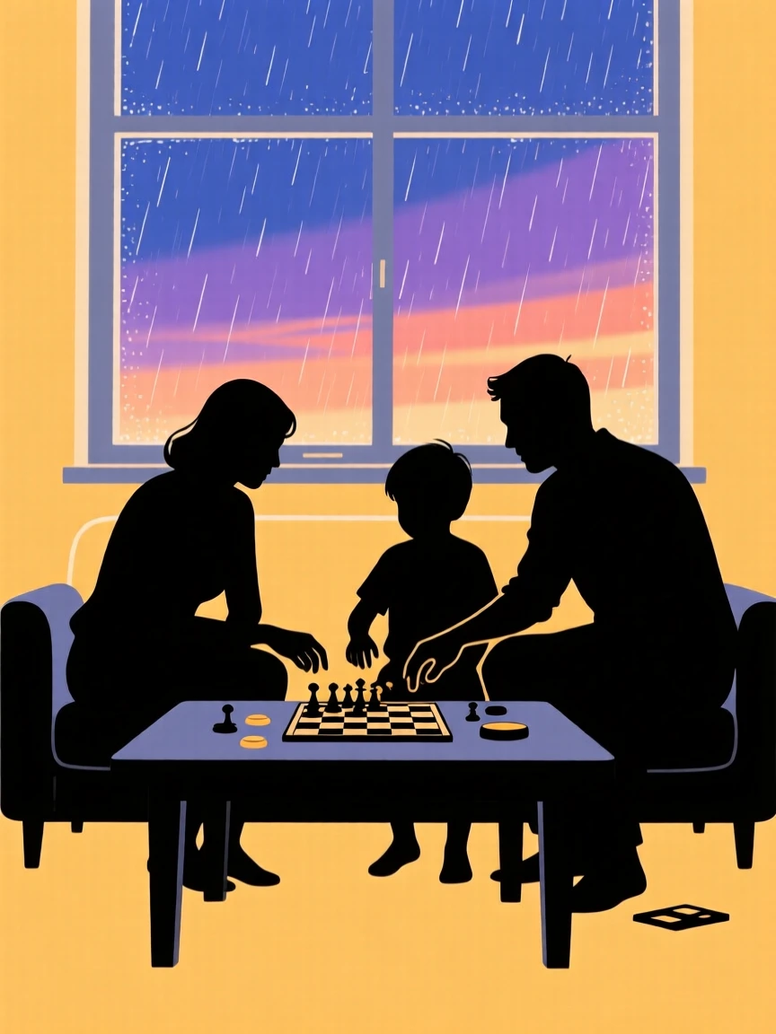 A family playing a board game together around a coffee table on a rainy afternoon.