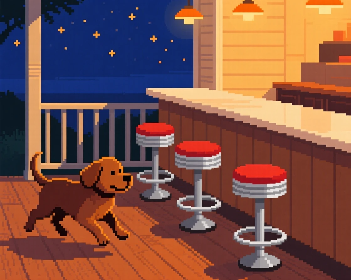 A diner counter with spinning stools with an old dog trotting along beside them, on a porch during a warm summer night.