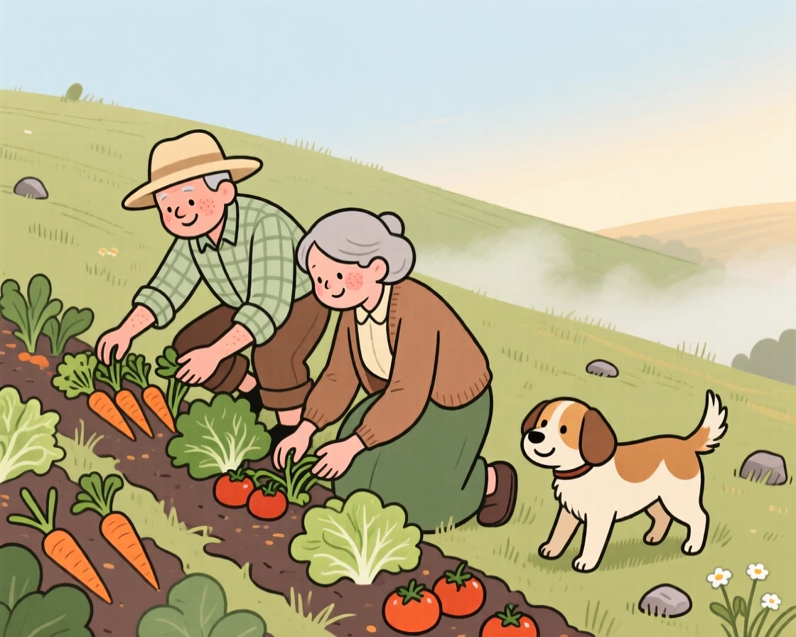 A elderly couple tends rows of fresh vegetables on a hillside field as a lazy farm dog wander nearby and the morning mist begins to lift.