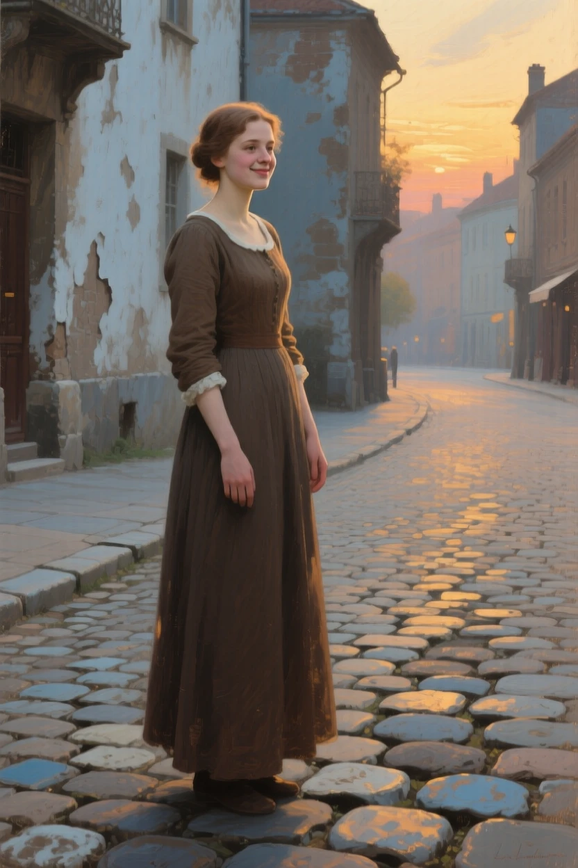 A detailed close shot of a young woman on a cobblestone street, radiating quiet contentment, at dusk.