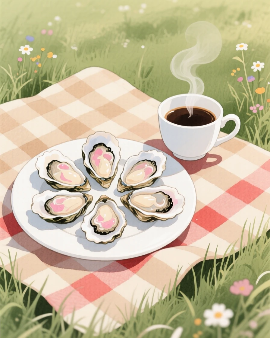 A plate of fresh oysters sits next to a steaming cup of coffee on a picnic blanket in a meadow, arranged beautifully for a delightful meal