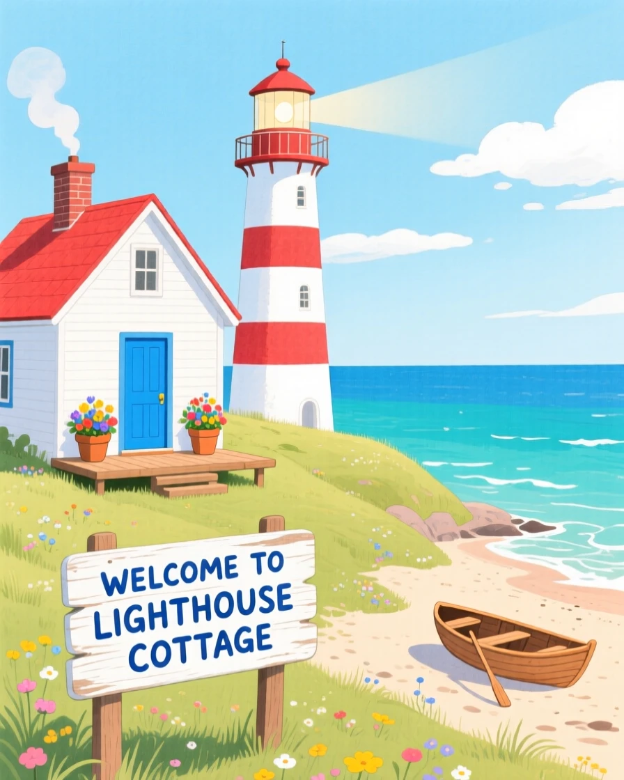 A peaceful view of a lighthouse keeper's cottage by the sea.
