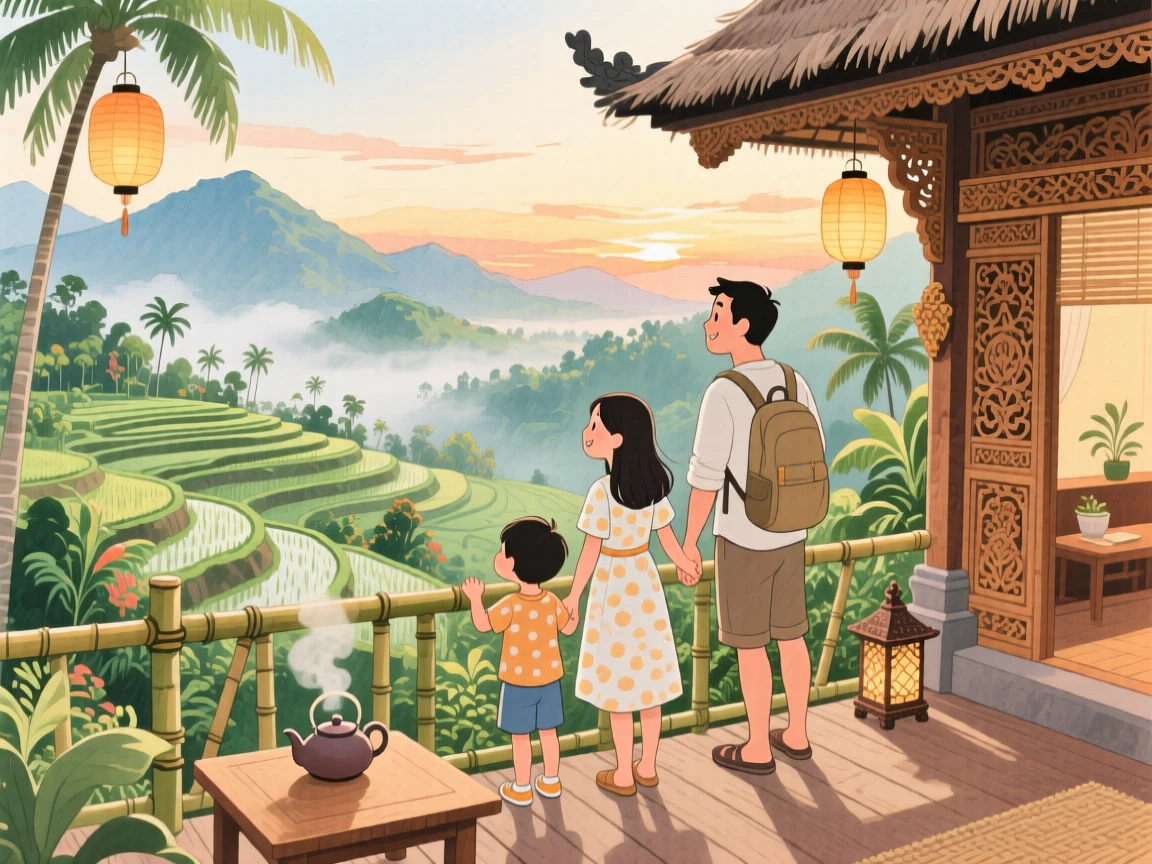 A family takes in the breathtaking view together amid a traditional tea house nestled in the mountains of Bali, filled with the romance of travel.
