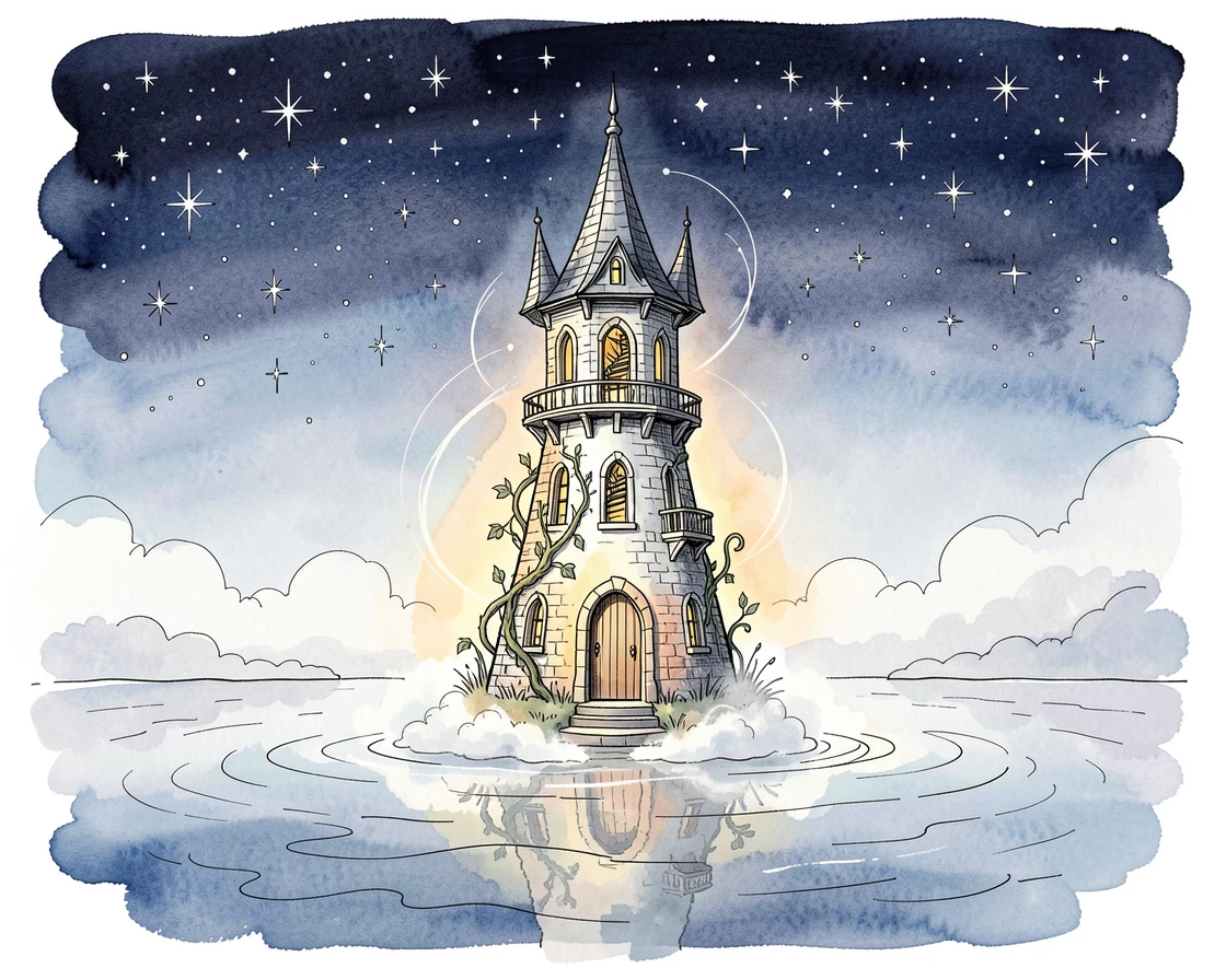 A wizard's tower rising from a misty lake under a sky full of stars, a soft magical glow illuminating the entire scene.