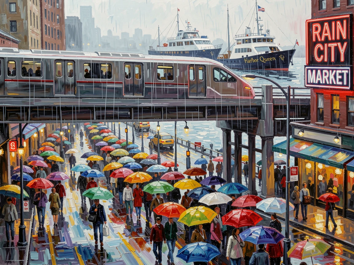 An elevated train crossing above a crowded avenue, pedestrians hurrying past beneath colorful umbrellas, overlooking a harbor filled with ferries and boats, during a rain shower, streets glistening with reflected light.
