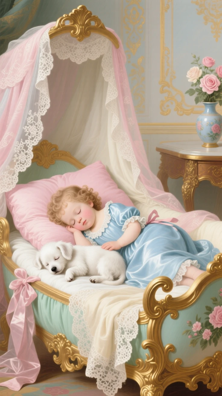 A child sleeping beside a tiny white puppy in a lace-lined cradle  