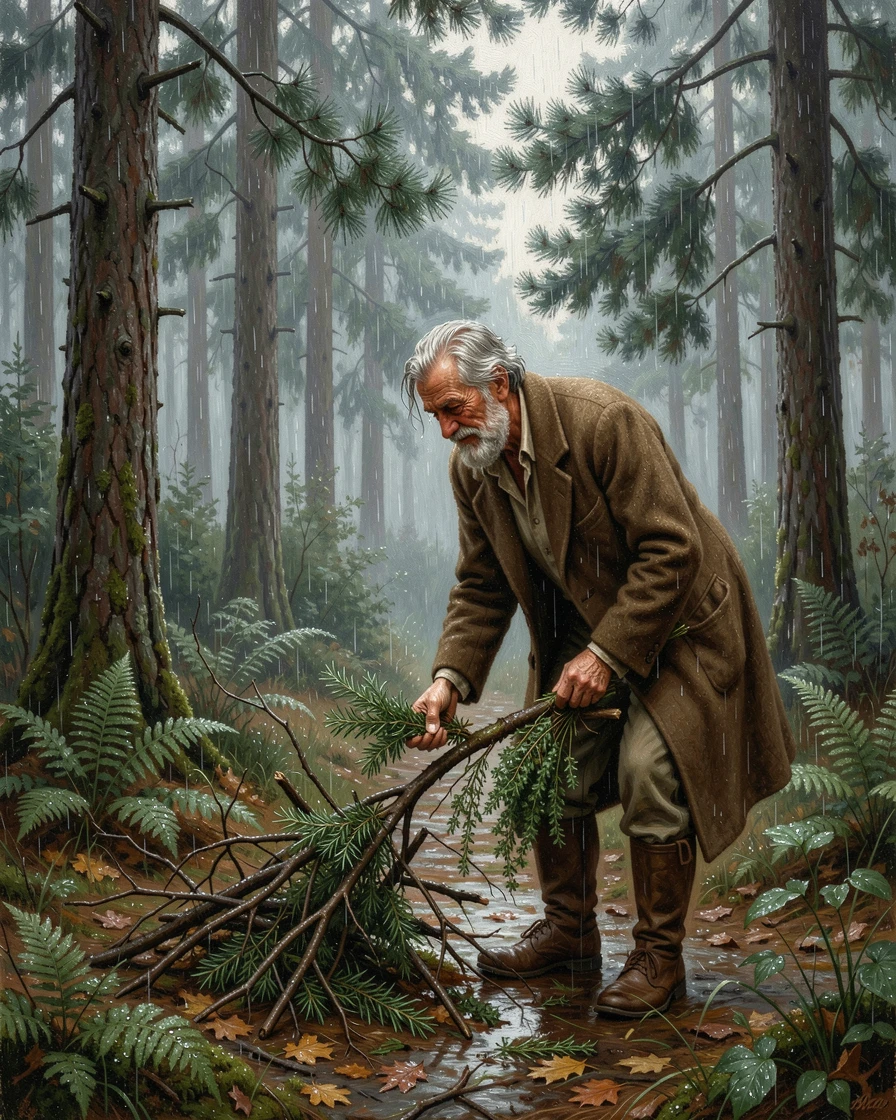 An old herbalist gathers fallen branches in a shadowed pine woodland while rain patters softly on the leaves.