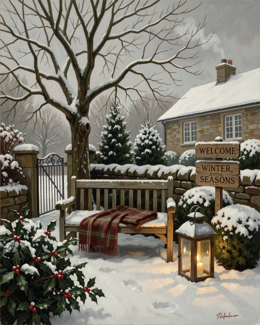 A quiet winter morning with fresh snow untouched across a garden, as the whole scene radiates warmth and togetherness, designed to bring festive cheer to any home or gallery wall
