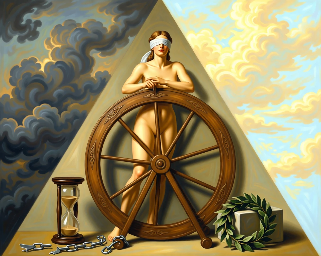 A blindfolded figure representing Fortune spinning her great wheel as unseen forces of fate quietly converge, set beneath a sky divided between storm and radiant light, with symbolic objects such as a broken chain, an hourglass, or a laurel wreath placed with quiet intention; a triangular arrangement lends the scene classical stability and gravity, capturing the eternal struggle between light and shadow.