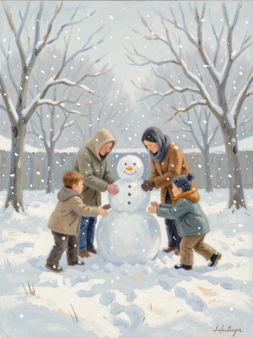 A family building a snowman together in a quiet backyard as snow continues to fall softly, under a fresh blanket of snow, radiating serenity and gentle stillness.
