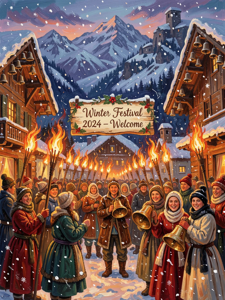 A quiet alpine village preparing for a traditional winter festival with torches and bells.