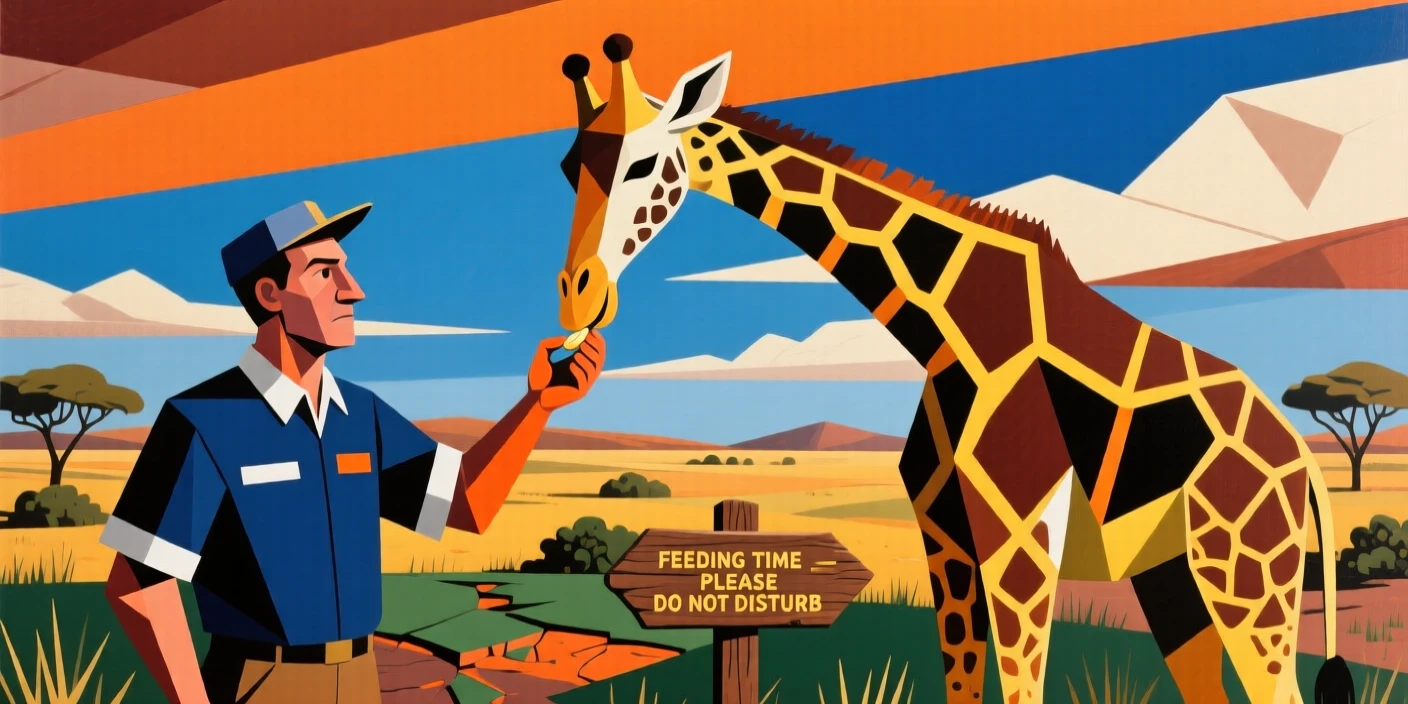 A zookeeper feeding a giraffe by hand beneath a wide savanna sky.