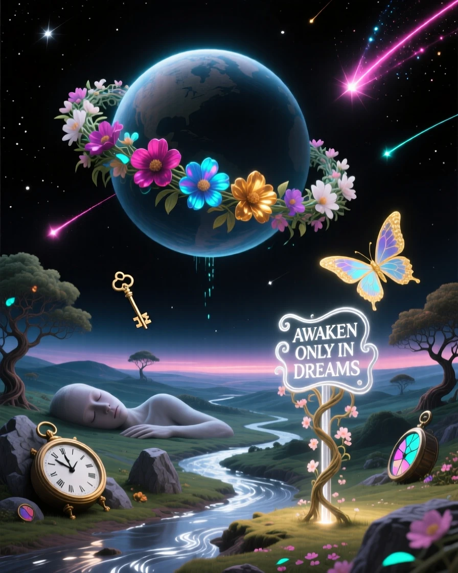 A planet ringed with delicate strands of blooming flowers hangs silently over a sleeping world below, as shooting stars trace slow arcs across the darkness.